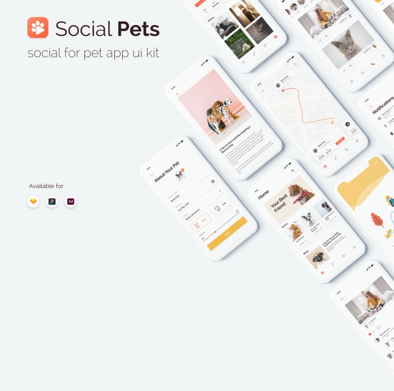 社交宠物应用程序UI工具包设计在Sketch，XD和Figma，社交宠物应用程序UI工具包
