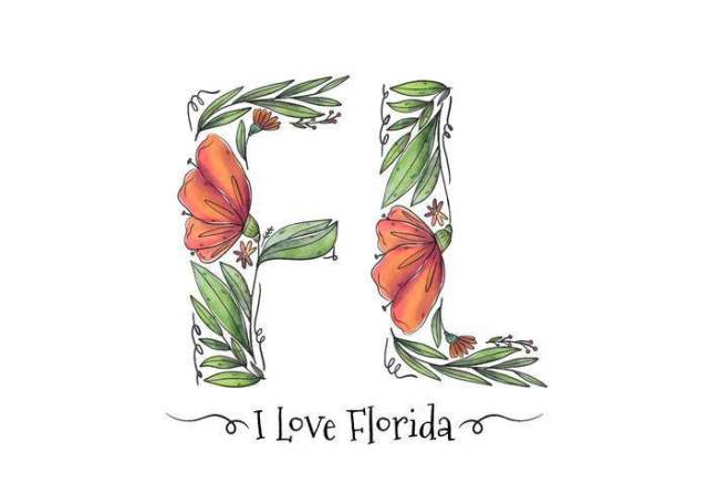 佛罗里达水彩叶子和花刻字矢量
