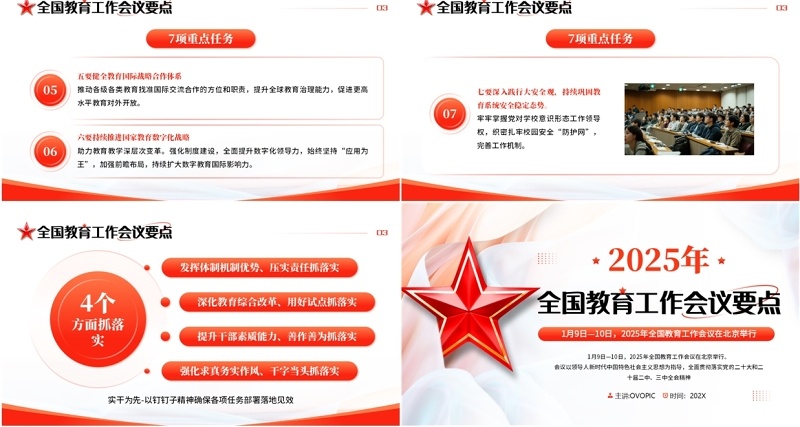 红色简约风全国教育工作会议重点PPT模板