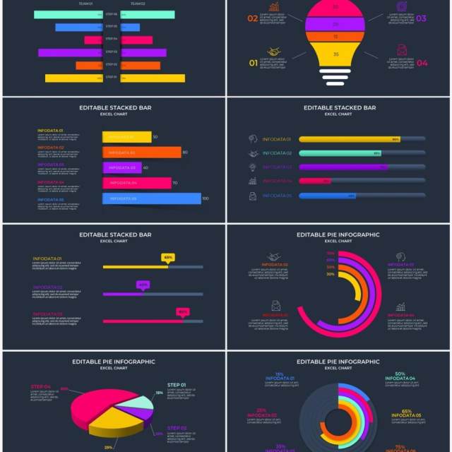 多彩深色系可编辑数据图表多形式对比关系PPT素材元素Excel data charts