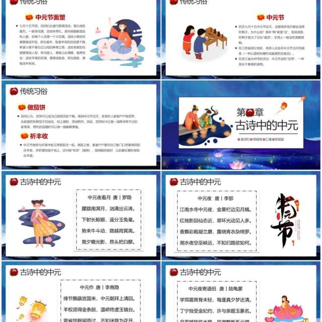 蓝色古风中国传统节日之中元节介绍PPT模板 蓝色古风中国传统节日之中元节介绍PPT模板