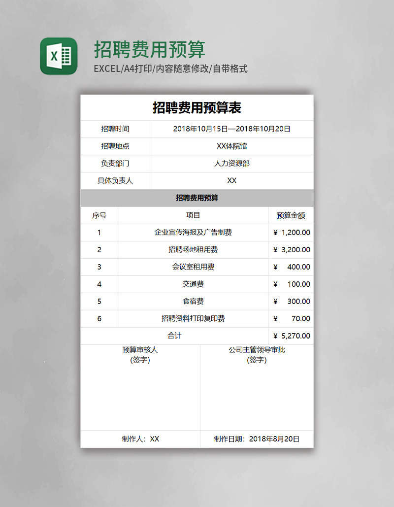 招聘费用预算表excel模板