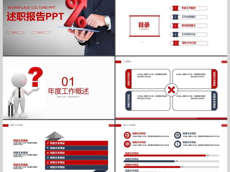 2017年红色商务通用述职报告PPT模板