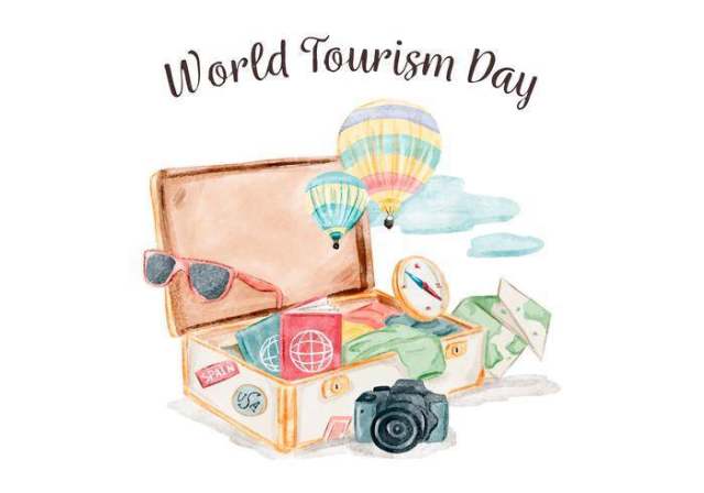矢量水彩手提箱与世界旅游日的旅行元素