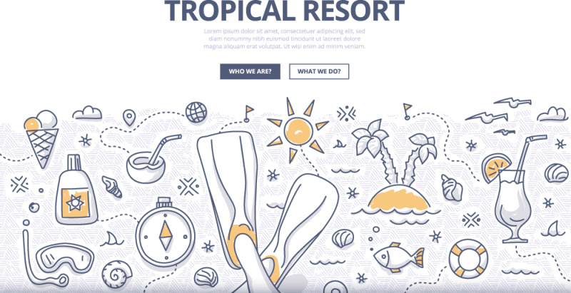 扁平化商务热带度假村涂鸦概念图案插画矢量素材