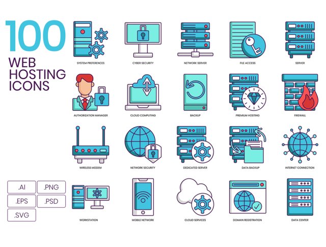 100个矢量图标为web，数据库，云托管及更多！，100个虚拟主机图标