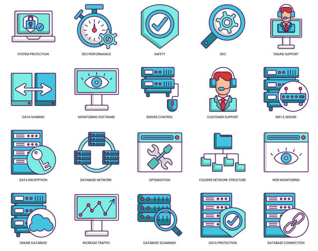 100个矢量图标为web，数据库，云托管及更多！，100个虚拟主机图标