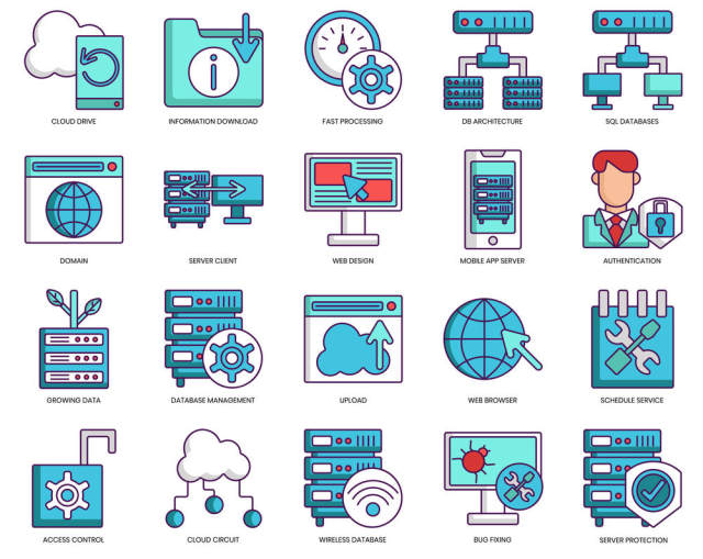 100个矢量图标为web，数据库，云托管及更多！，100个虚拟主机图标