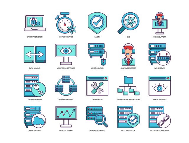 100个矢量图标为web，数据库，云托管及更多！，100个虚拟主机图标