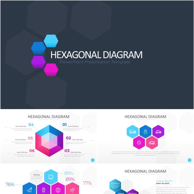 彩色六边形信息图PPT素材模板Wide Light Hexagonal Infographic