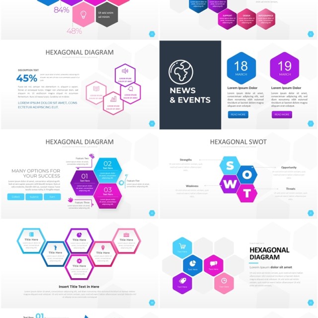 彩色六边形信息图PPT素材模板Wide Light Hexagonal Infographic