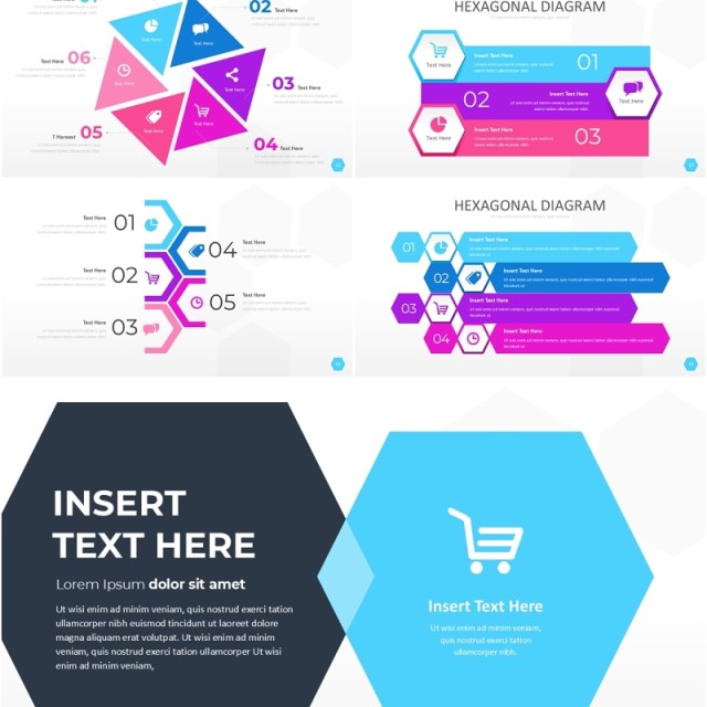 彩色六边形信息图PPT素材模板Wide Light Hexagonal Infographic