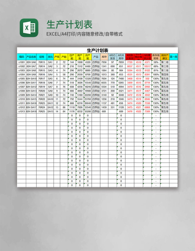 生产计划表Excel表格