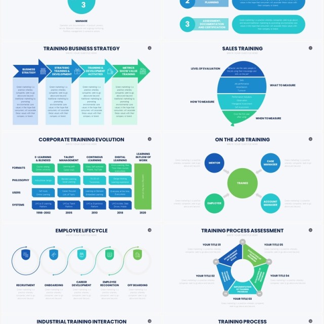 蓝绿色并列关系信息图表培训PPT素材Training Google Slides