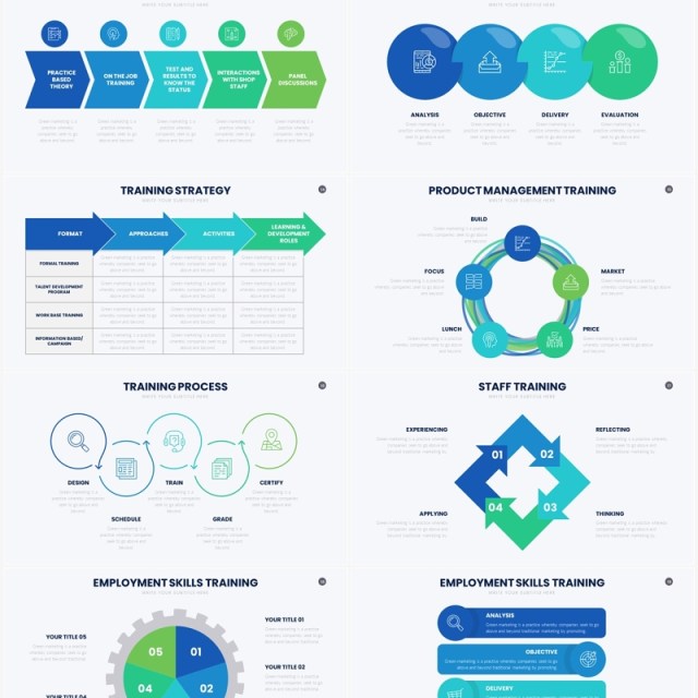 蓝绿色并列关系信息图表培训PPT素材Training Google Slides