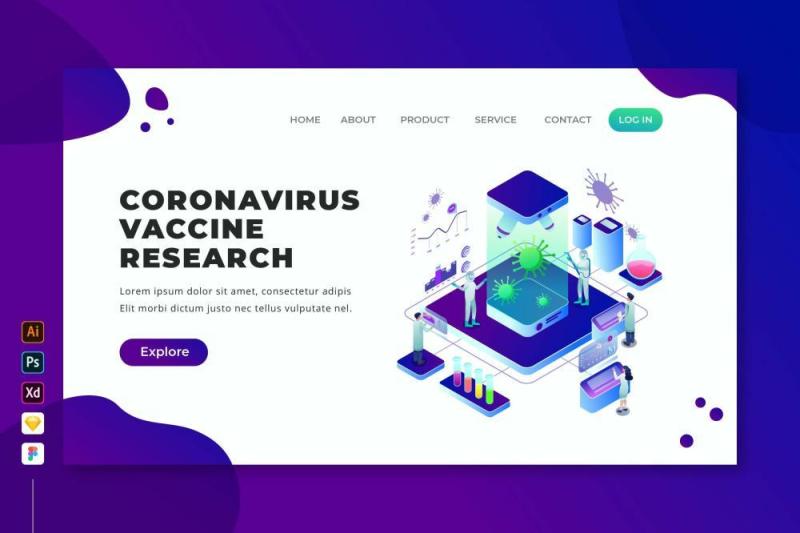 冠状病毒疫苗研究等距网页UI界面PSD设计模板coronavirus vaccine research isometric web page