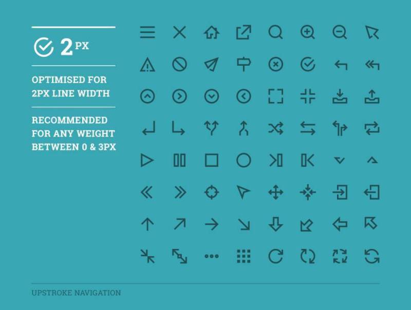 64个具有可调行程宽度的导航图标。，Upstroke导航图标