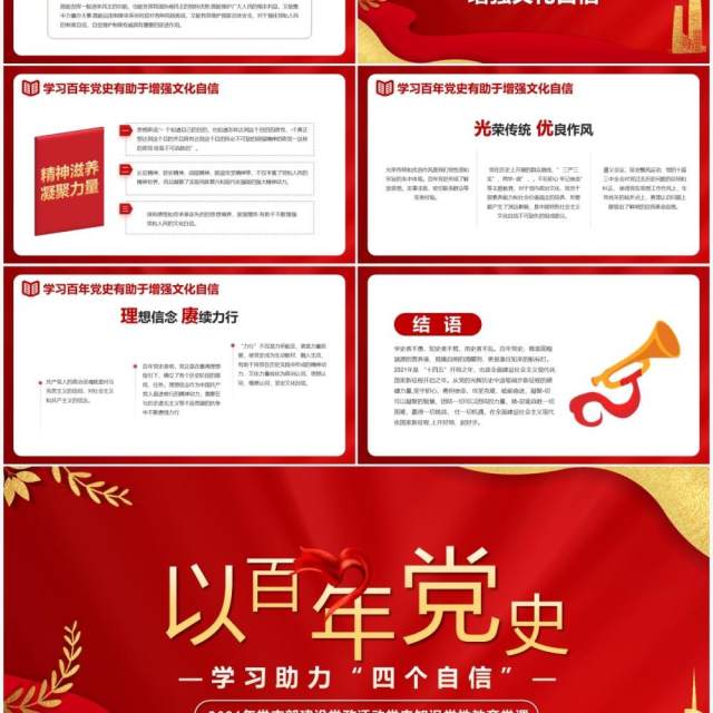 红色党政风以百年党史学习助力四个自信动态PPT模板 红色党政风以百年党史学习助力四个自信动态PPT模板