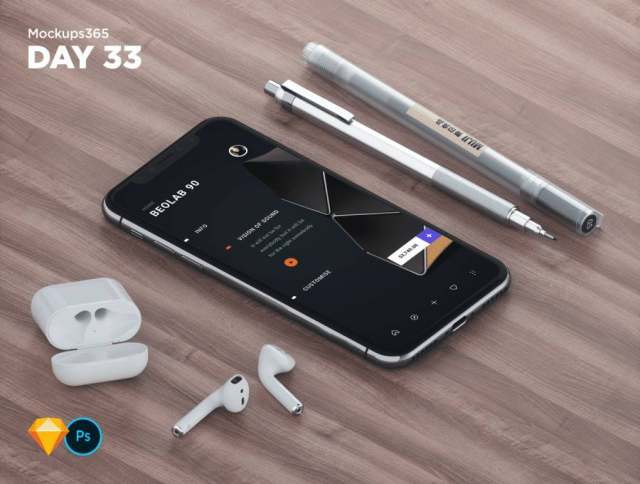 iPhone X和Apple AirPods使用Sketch＆Photoshop的设计师笔模型。，Mockups365：第33天