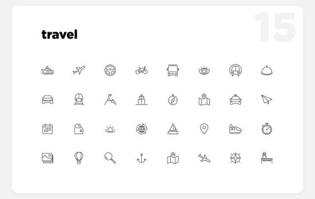 超过280个基本线图标分为17个热门类别，标志性。基本线图标设置