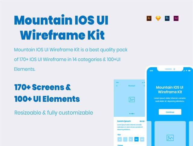 iOS UI线框套件，适用于XD，Illustrator，Photoshop和Sketch。，Mountain iOS UI线框套件