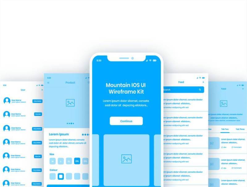 iOS UI线框套件，适用于XD，Illustrator，Photoshop和Sketch。，Mountain iOS UI线框套件