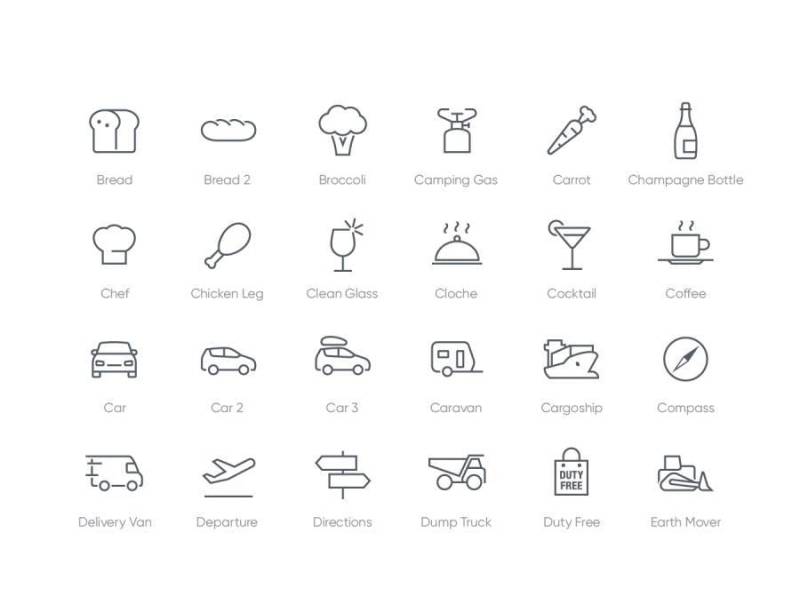 iOS中的220个食物和旅行图标Sketch，Photoshop和Illustrator的有线样式，iOS有线食品和旅行