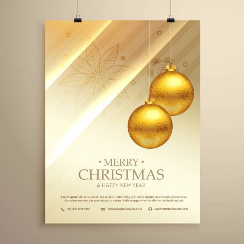 挂金色圣诞球装饰传单设计模板