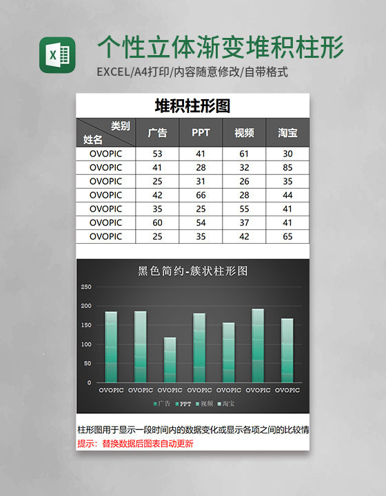 个性立体渐变堆积柱形图excel模板