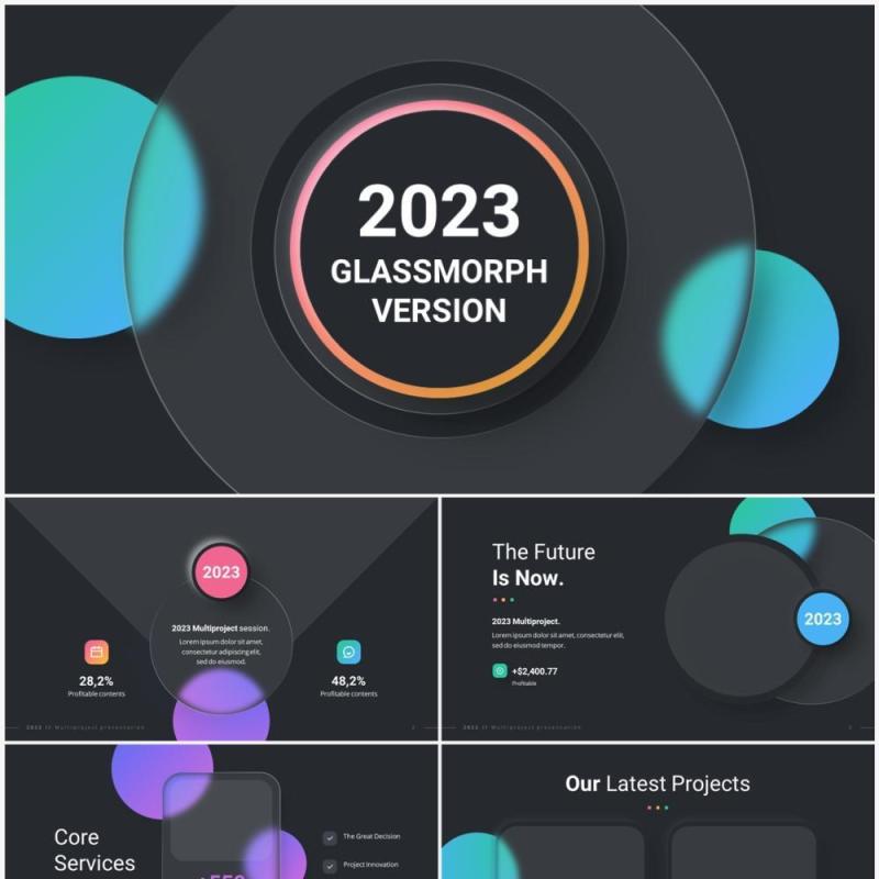 深色国外公司产品项目信息图表PPT幻灯片模板2023 Versatile Glassmorphic Dark