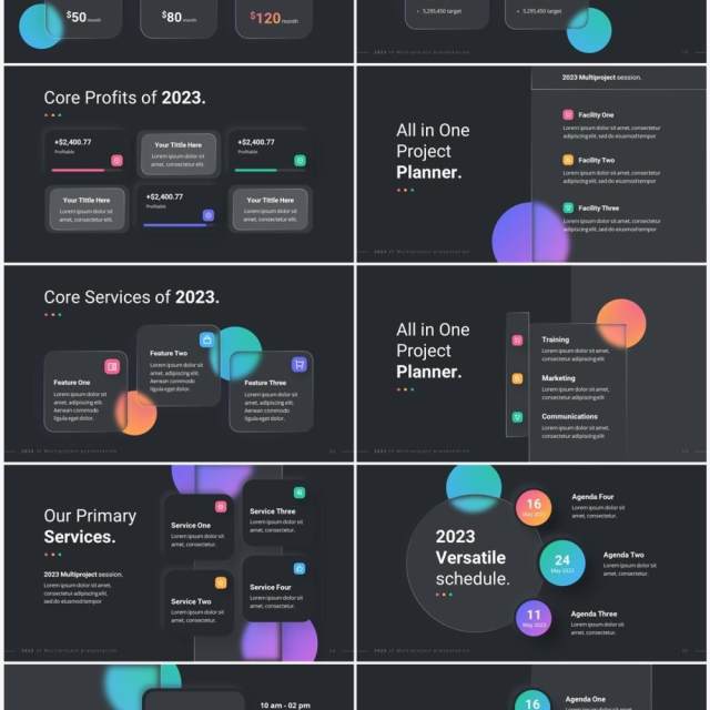 深色国外公司产品项目信息图表PPT幻灯片模板2023 Versatile Glassmorphic Dark