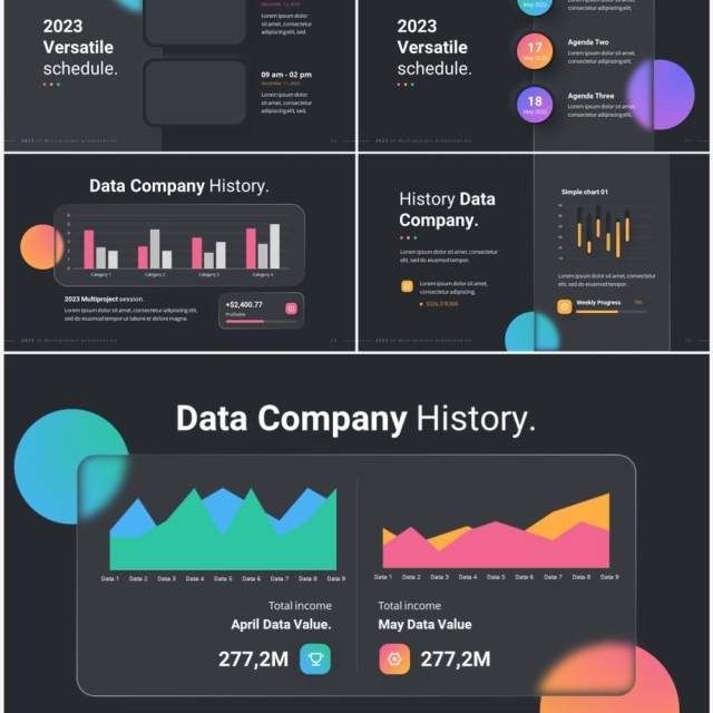 深色国外公司产品项目信息图表PPT幻灯片模板2023 Versatile Glassmorphic Dark