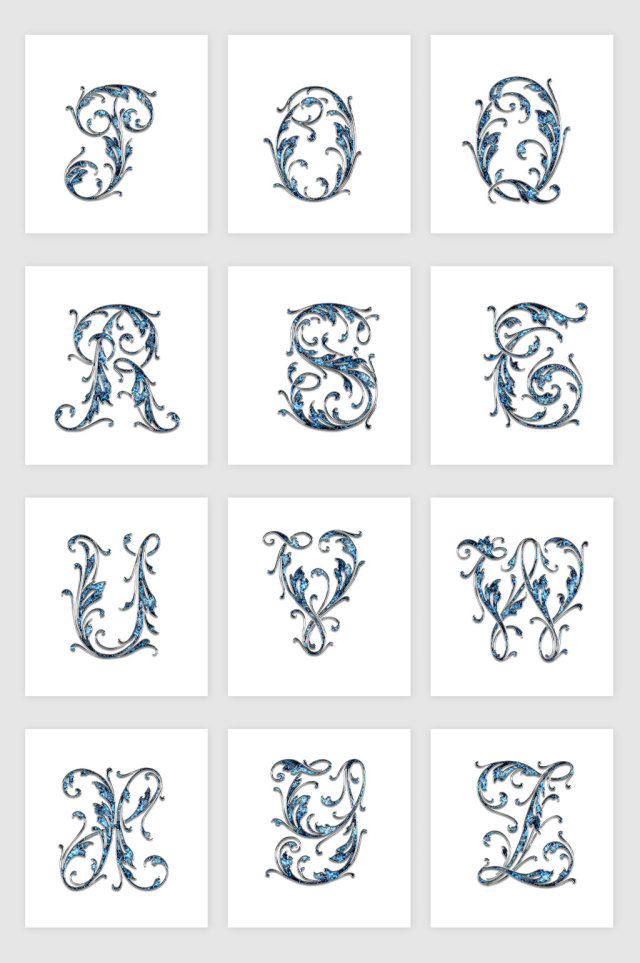 高清免抠蓝色立体花卉花纹英文字母