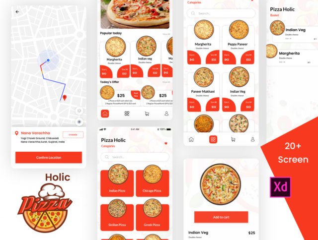 比萨狂热应用程序的UI套件在XD，比萨狂热设计