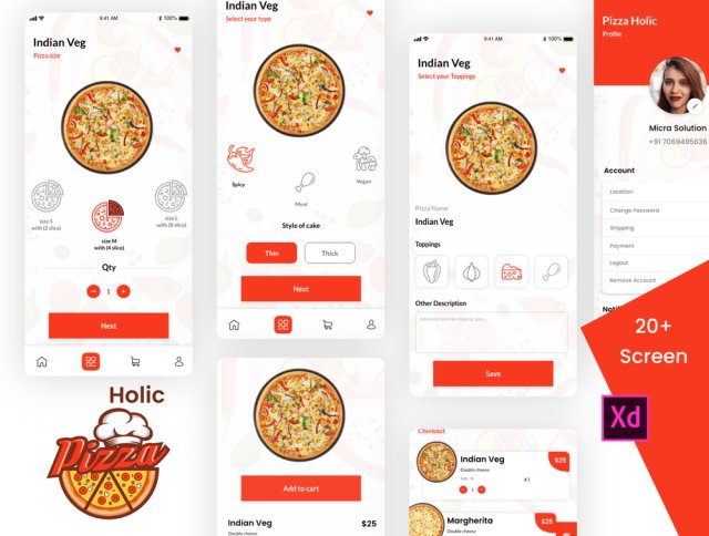 比萨狂热应用程序的UI套件在XD，比萨狂热设计
