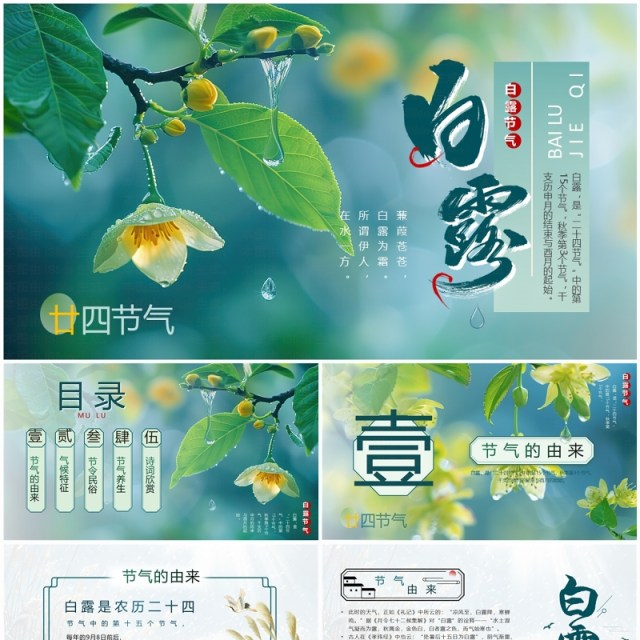 绿色插画清新风二十四节气之白露PPT模板 绿色插画清新风二十四节气之白露PPT模板
