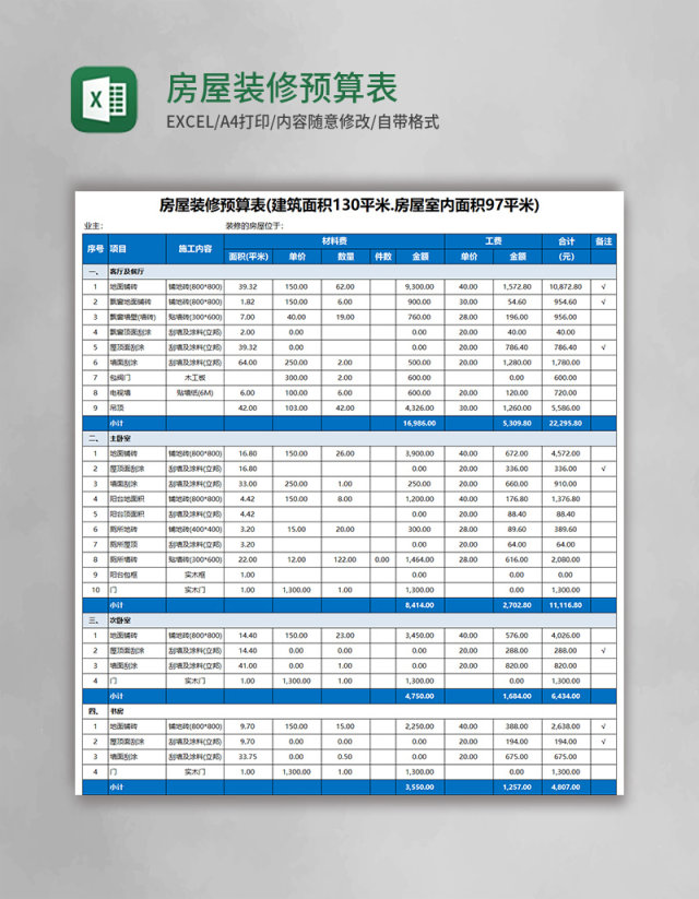 房屋装修预算表