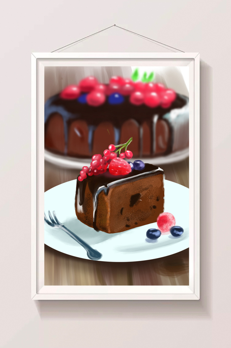 清新水彩手绘巧克力水果美味蛋糕插画