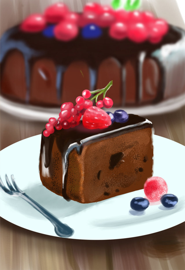 清新水彩手绘巧克力水果美味蛋糕插画 清新水彩手绘巧克力水果美味蛋糕插画