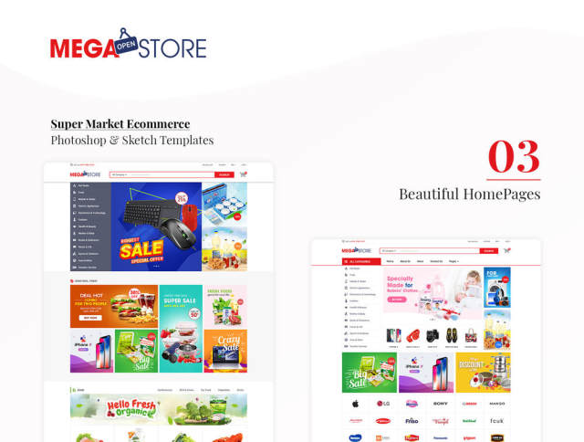 超级市场电子商务素描和Photoshop模板，MegaStore