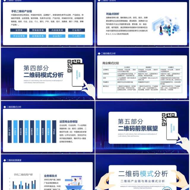 蓝色二维码产业链与商业模式分析动态PPT模板