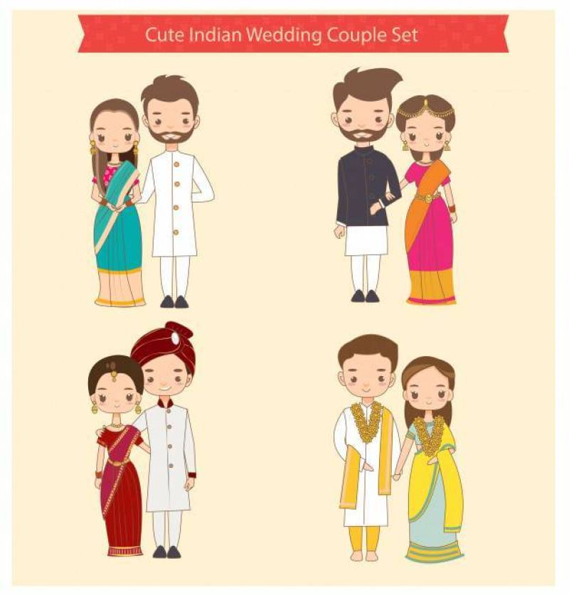 Vector of cute indian wedding couple character set
