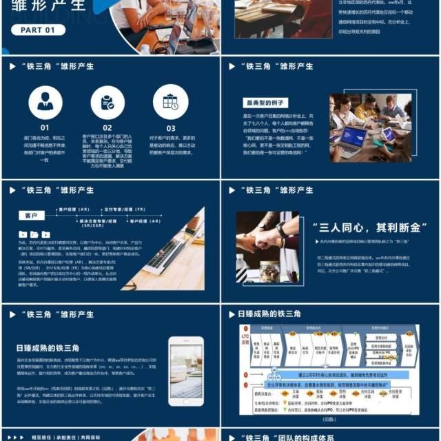 蓝色简约企业管理培训铁三角团队模式PPT模板