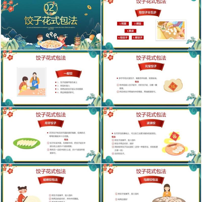 绿色国潮风过年包饺子方法介绍PPT模板