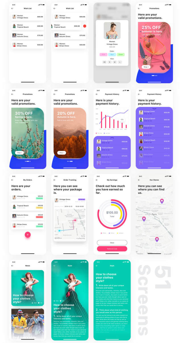 最全面的电子商务UI工具包，100多个屏幕。，时尚|电子商务UI工具包