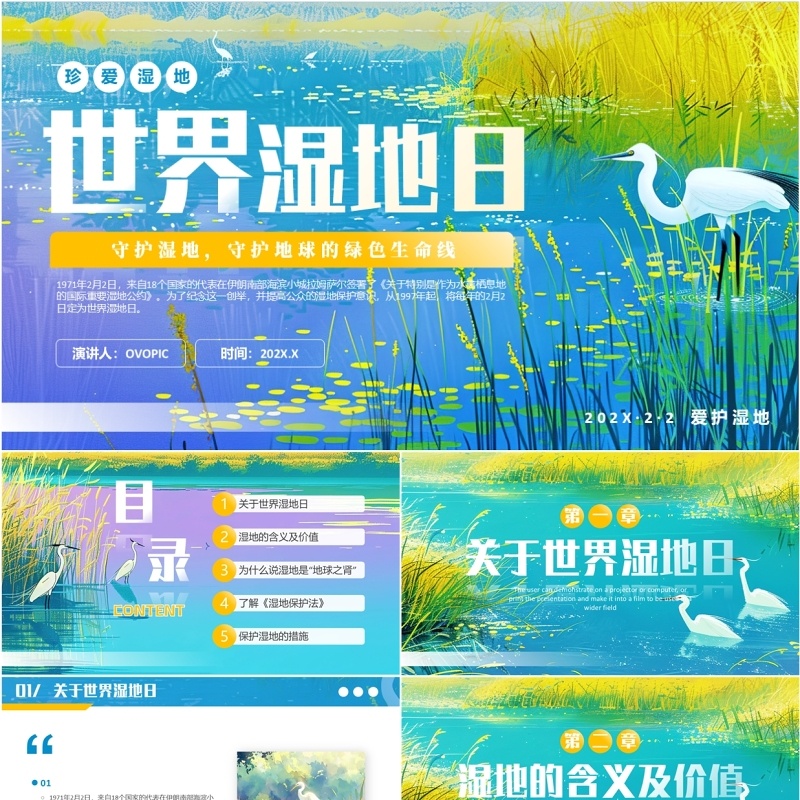 蓝色插画风世界湿地日介绍PPT模板