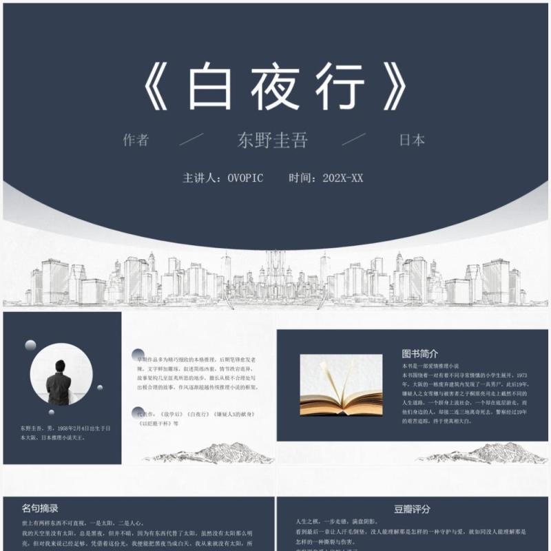 蓝色简约风白夜行介绍PPT模板