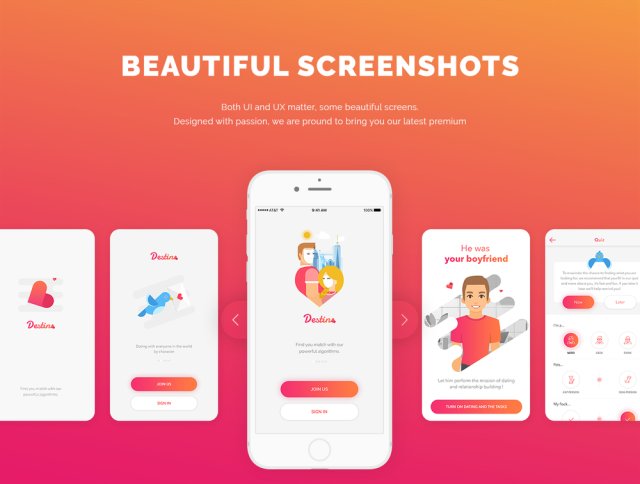 60+移动屏幕约会应用程序UI工具包，Destino约会应用程序UI套件