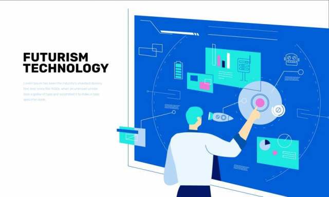 未来技术创新教授在触摸屏幕矢量平面插画