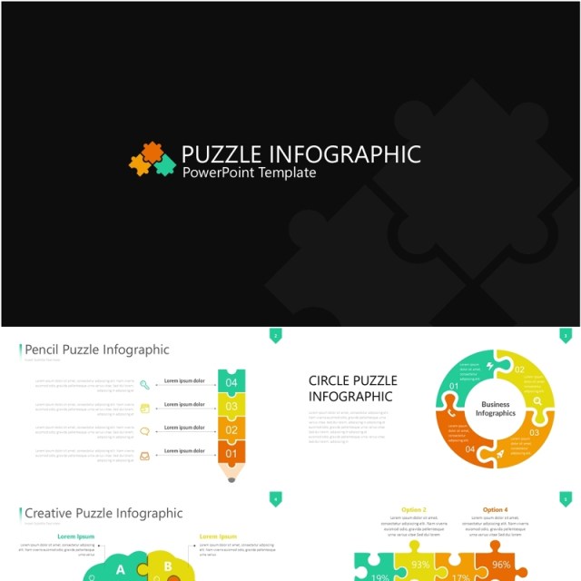 彩色拼图信息图PPT素材模板Wide Light Puzzle Infographic